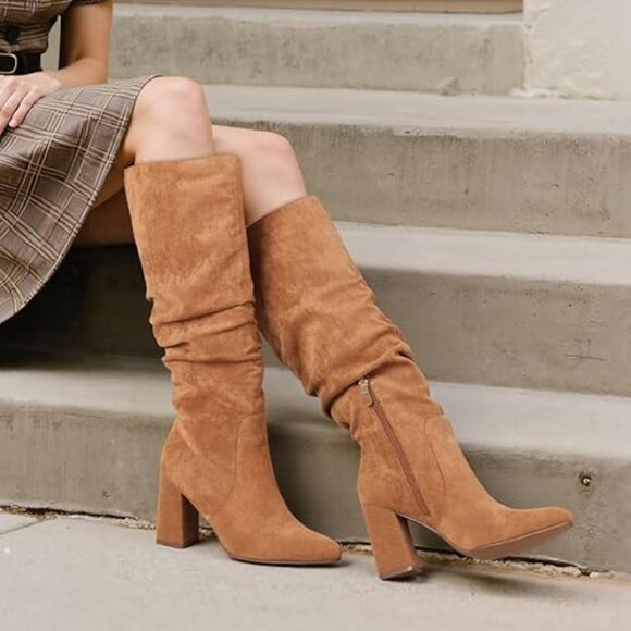 Knee High Boots Womens Wide Calf Suede Tall Booties Pointed Toe Slouchy-Brown - Picture 1 of 5